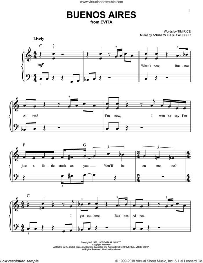 Buenos Aires sheet music for piano solo by Andrew Lloyd Webber and Tim Rice, easy skill level