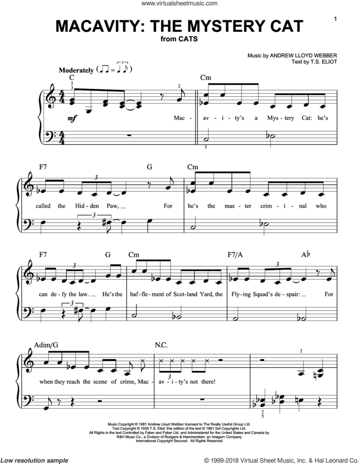Macavity: The Mystery Cat (from Cats) sheet music for piano solo by Andrew Lloyd Webber and T.S. Eliot, easy skill level