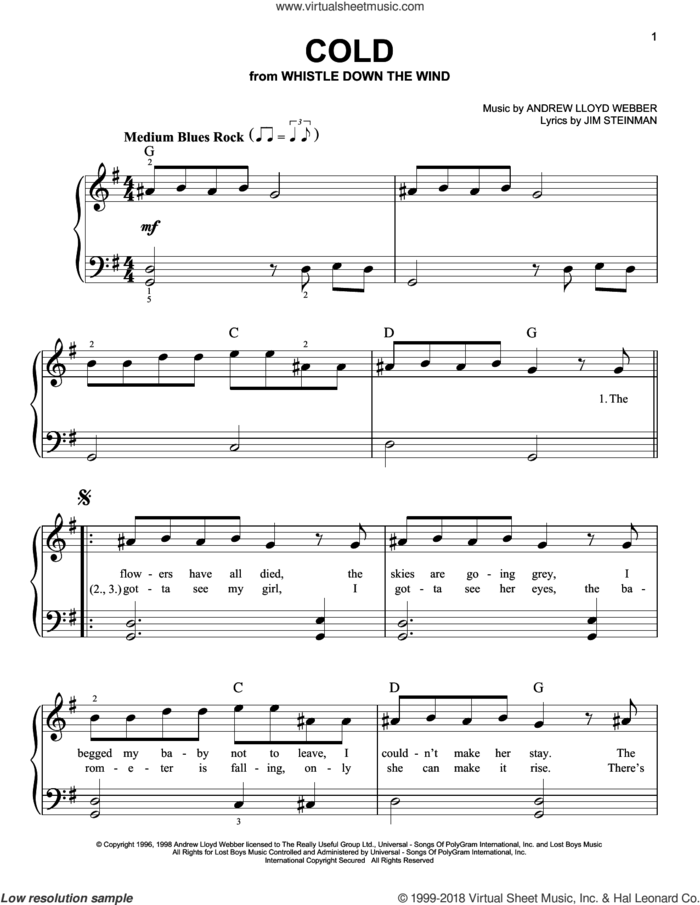 Cold sheet music for piano solo by Andrew Lloyd Webber and Jim Steinman, easy skill level