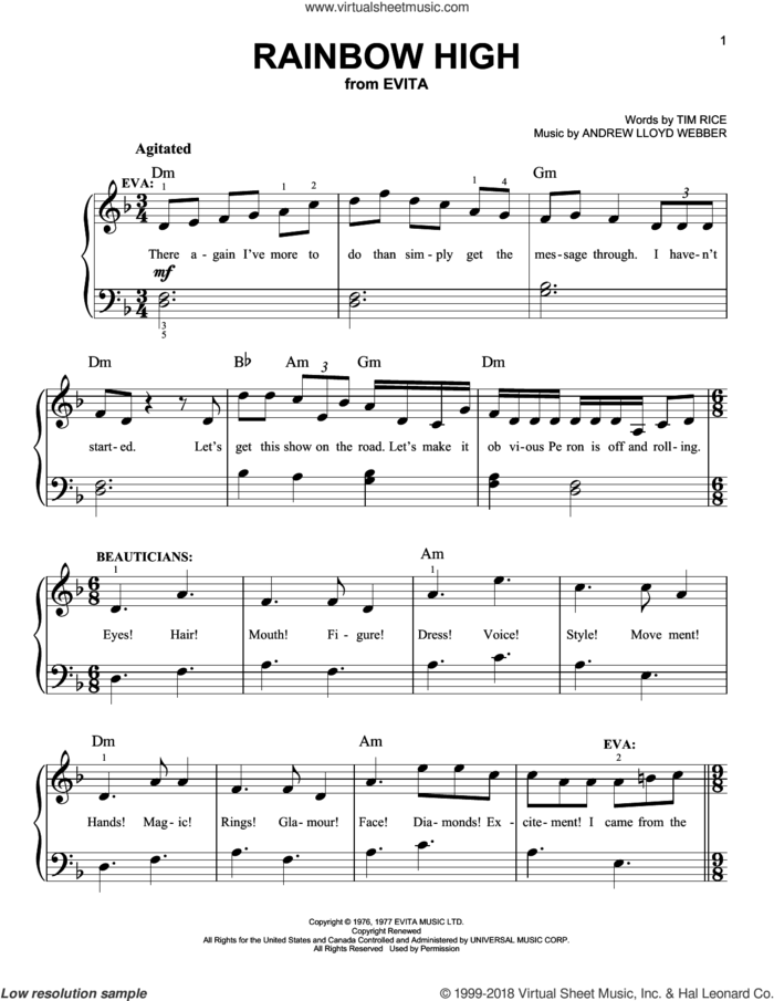 Rainbow High sheet music for piano solo by Andrew Lloyd Webber and Tim Rice, easy skill level