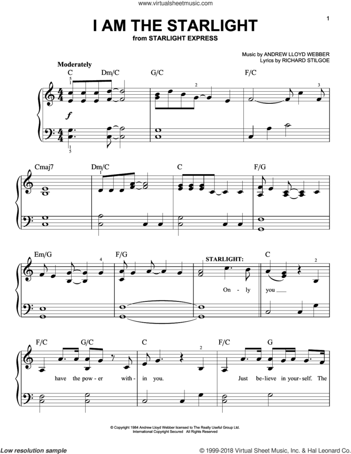 I Am The Starlight sheet music for piano solo by Andrew Lloyd Webber and Richard Stilgoe, easy skill level