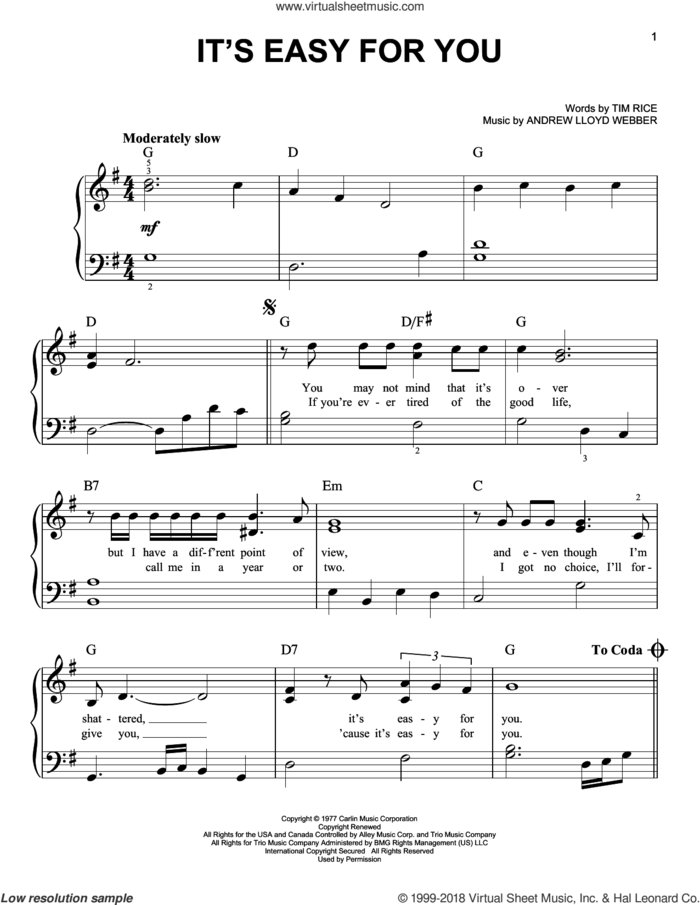 It's Easy For You sheet music for piano solo by Andrew Lloyd Webber, Elvis Presley and Tim Rice, easy skill level