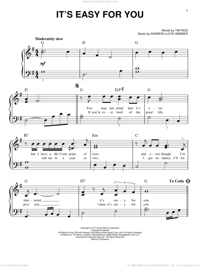 It's Easy For You sheet music for piano solo by Andrew Lloyd Webber, Elvis Presley and Tim Rice, easy skill level