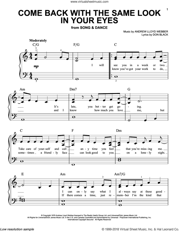 Come Back With The Same Look In Your Eyes sheet music for piano solo by Andrew Lloyd Webber and Don Black, easy skill level