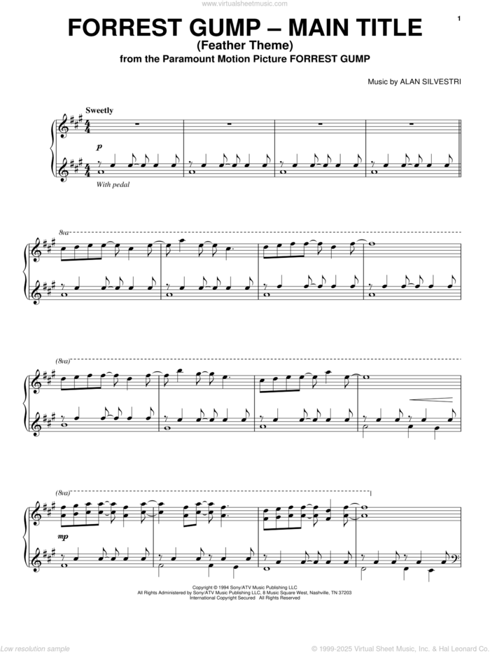 Forrest Gump - Main Title (Feather Theme) sheet music for piano solo by Alan Silvestri and Forrest Gump (Movie), intermediate skill level