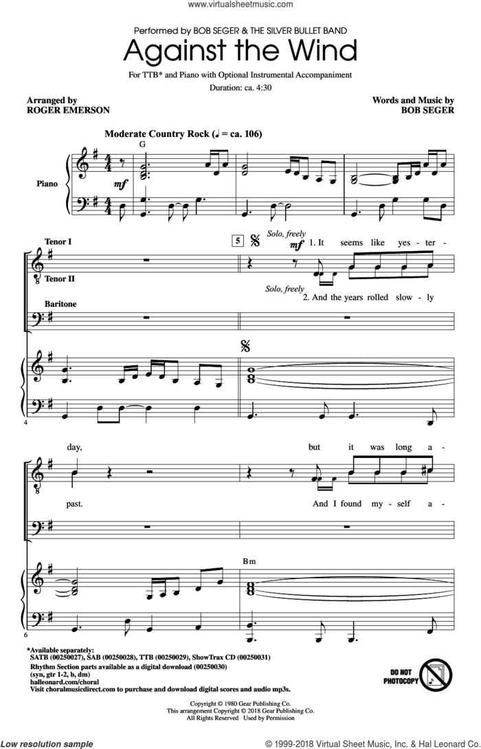 Against The Wind sheet music for choir (TTBB: tenor, bass) by Bob Seger, Roger Emerson and Bob Seger & The Silver Bullet Band, intermediate skill level