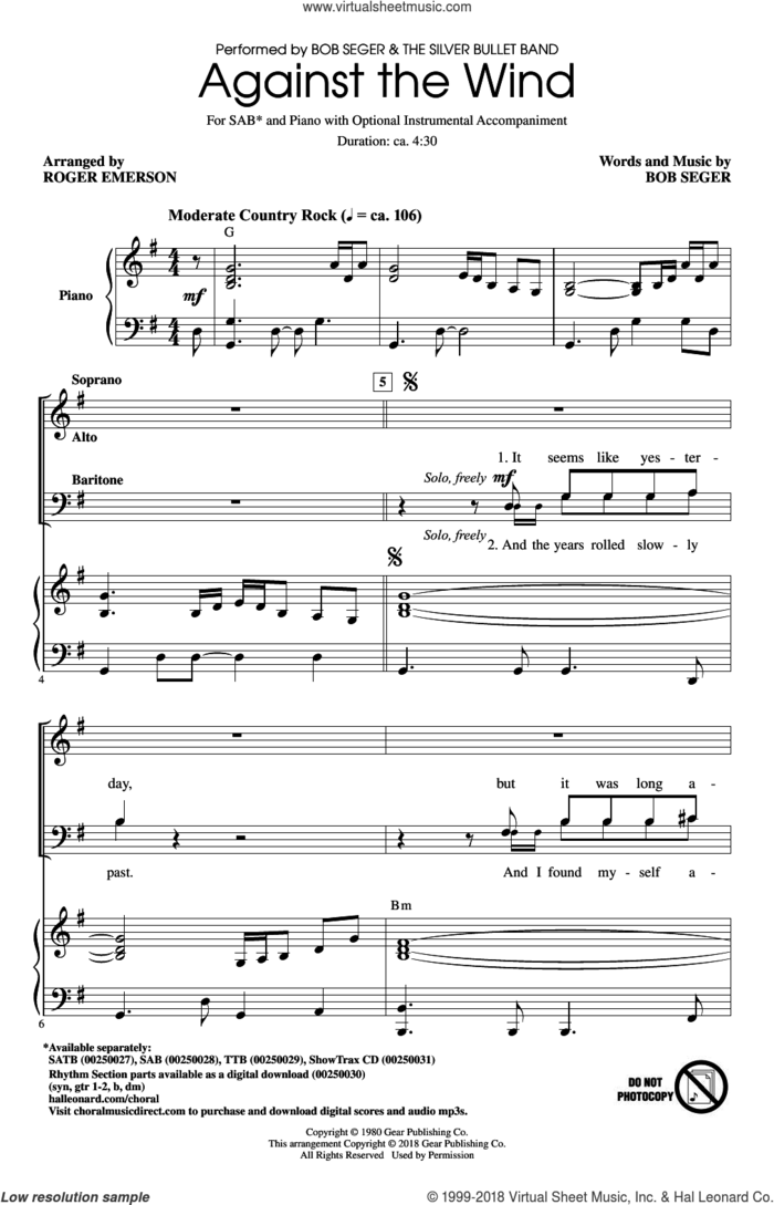 Against The Wind sheet music for choir (SAB: soprano, alto, bass) by Bob Seger, Roger Emerson and Bob Seger & The Silver Bullet Band, intermediate skill level