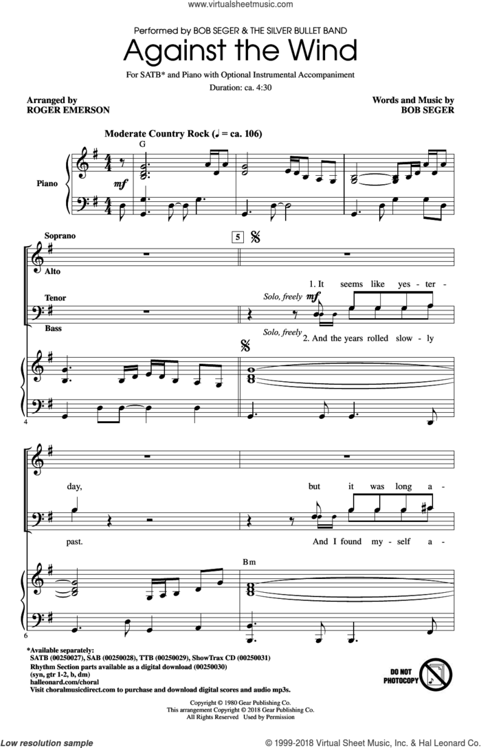 Against The Wind sheet music for choir (SATB: soprano, alto, tenor, bass) by Bob Seger, Roger Emerson and Bob Seger & The Silver Bullet Band, intermediate skill level