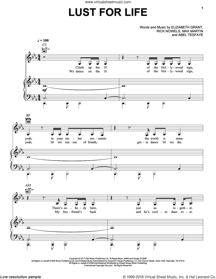 Lust For Life (feat. The Weeknd) sheet music for voice, piano or guitar by Lana Del Rey featuring The Weekend, Lana Del Rey, Abel Tesfaye, Elizabeth Grant, Max Martin and Rick Nowels, intermediate skill level
