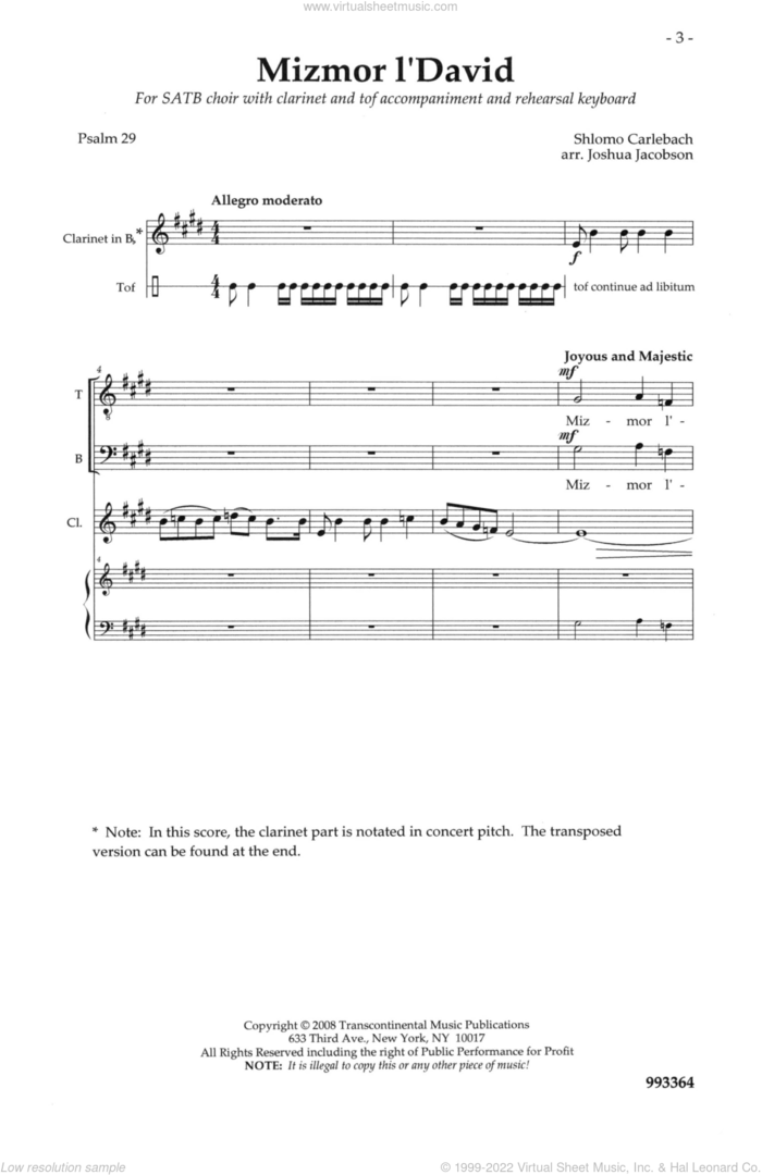 Mizmor L'David (Psalm 29) sheet music for choir (SATB: soprano, alto, tenor, bass) by Joshua Jacobson, Rabbi Shlomo Carlebach and Shlomo Carlebach, intermediate skill level