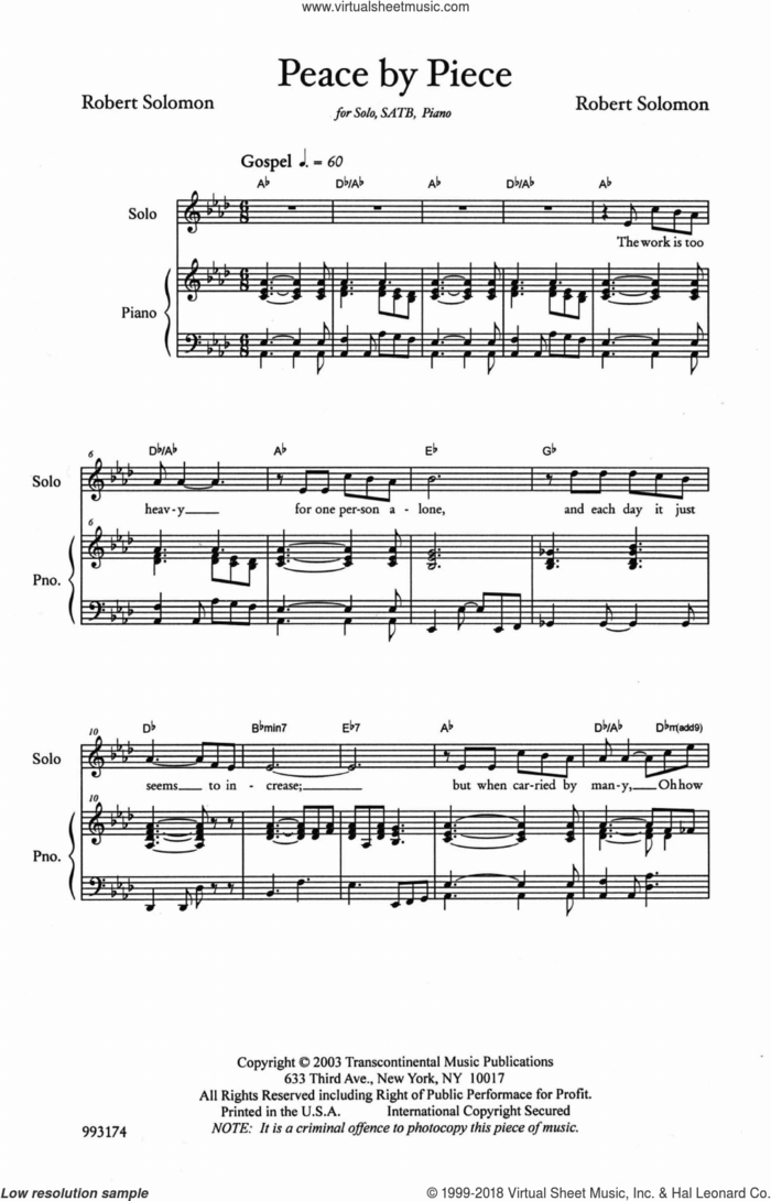 Piece By Peace sheet music for choir (SATB: soprano, alto, tenor, bass) by Robbie Solomon, intermediate skill level
