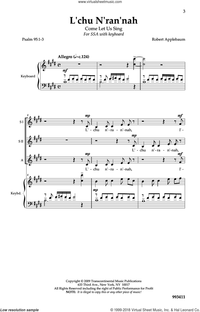 L'Chu N'Ran'Nah (Psalm 95: 1-3) sheet music for choir (SSA: soprano, alto) by Robert Applebaum, intermediate skill level