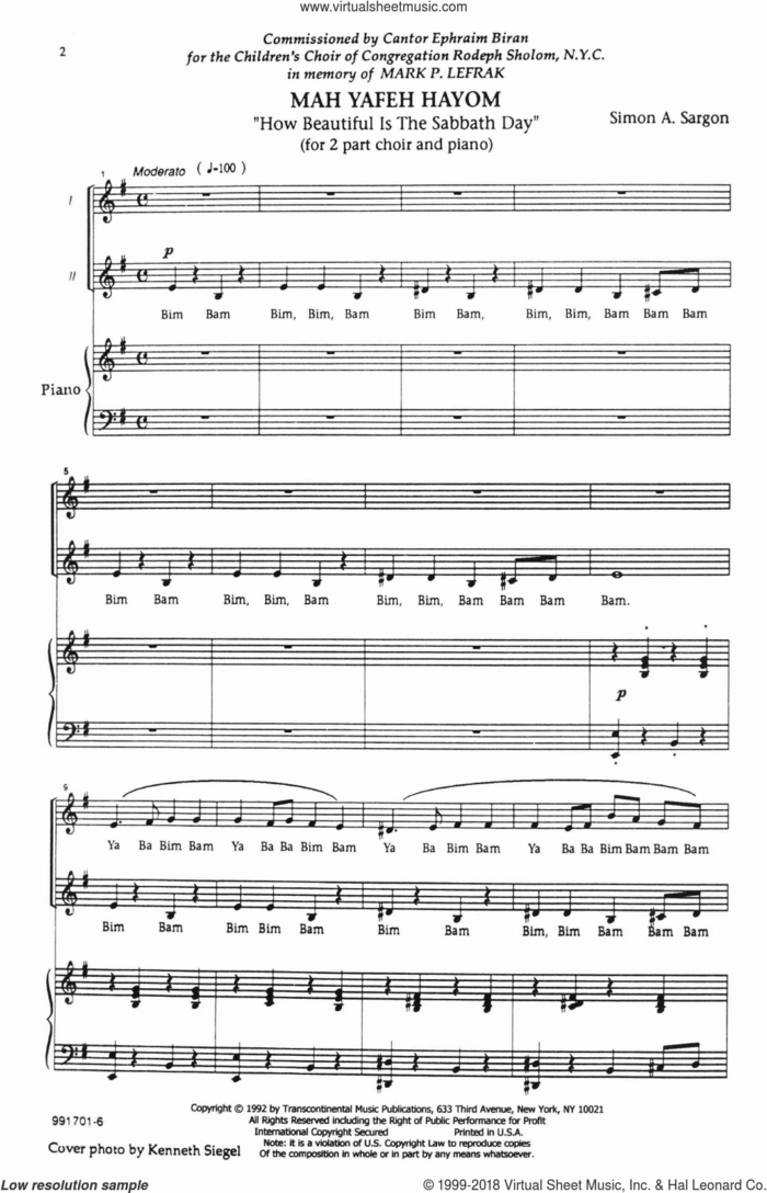 Mah Yafeh Hayom (How Beautiful Is The Sabbath Day) sheet music for choir (2-Part) by Simon Sargon, intermediate duet
