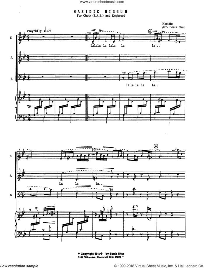 Hasidic Niggun sheet music for choir (SAB: soprano, alto, bass) by Bonia Shur, intermediate skill level
