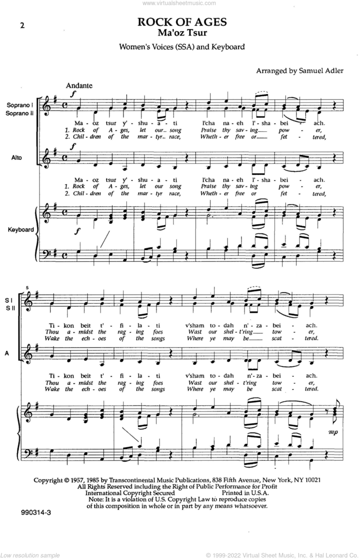 Ma'oz Tzur (Rock Of Ages) sheet music for choir (SSA: soprano, alto) by Samuel Adler, intermediate skill level