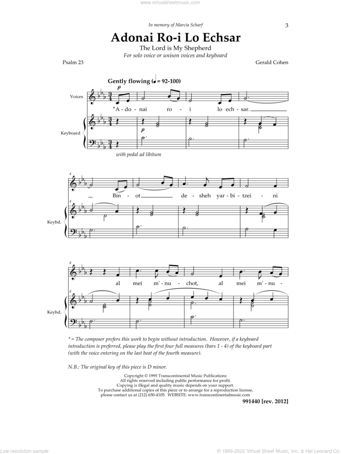 Adonai Ro'i (Psalm 23) sheet music for choir (Unison) by Gerald Cohen, intermediate skill level