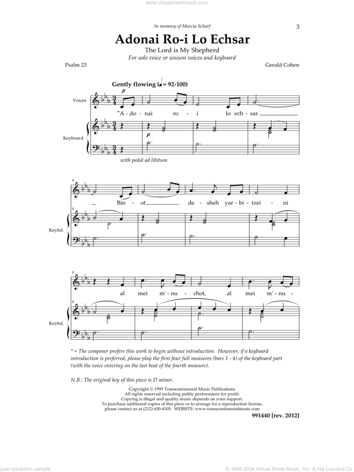 Adonai Ro'i (Psalm 23) sheet music for choir (Unison) by Gerald Cohen, intermediate skill level