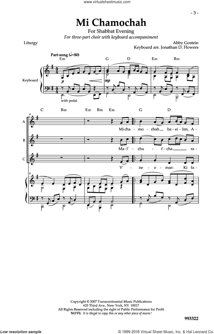 Mi Chamochah sheet music for choir (3-Part Mixed) by Abby Gostein, intermediate skill level