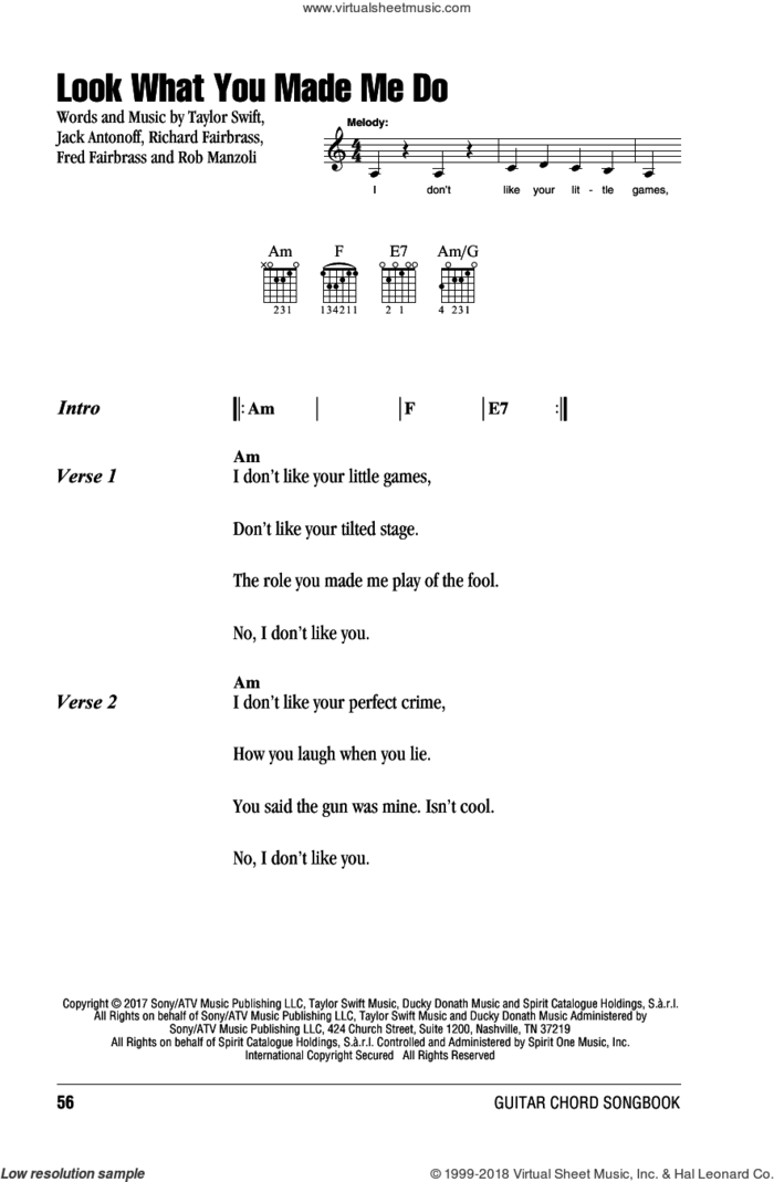 Look What You Made Me Do sheet music for guitar (chords) by Taylor Swift, Fred Fairbrass, Jack Antonoff, Richard Fairbrass and Rob Manzoli, intermediate skill level