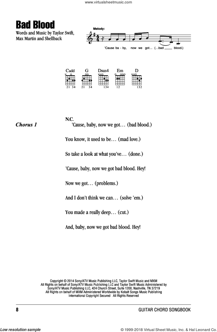 Bad Blood sheet music for guitar (chords) by Taylor Swift, Johan Schuster, Max Martin and Shellback, intermediate skill level