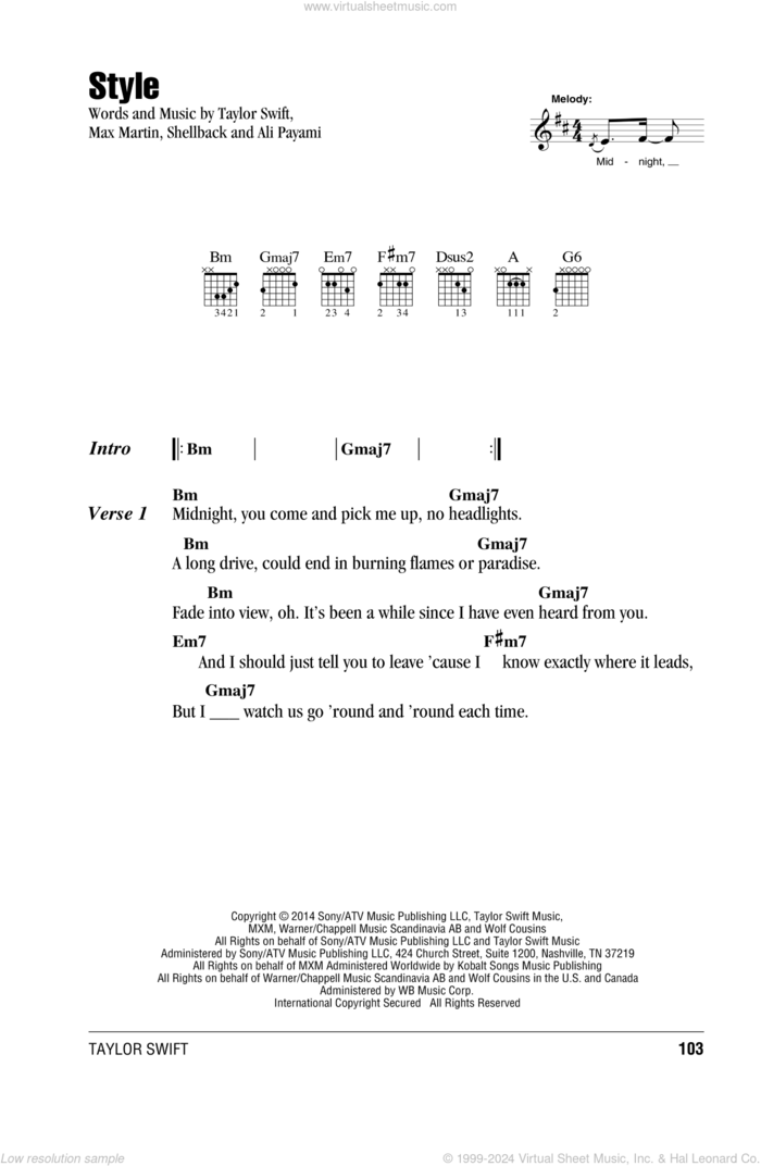 Style sheet music for guitar (chords) by Taylor Swift, Ali Payami, Johan Schuster, Max Martin and Shellback, intermediate skill level