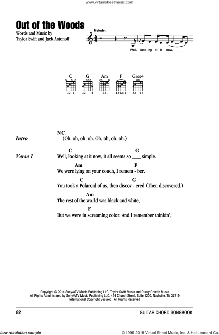 Out Of The Woods sheet music for guitar (chords) by Taylor Swift and Jack Antonoff, intermediate skill level