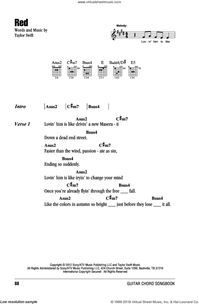 Red sheet music for guitar (chords) by Taylor Swift, intermediate skill level