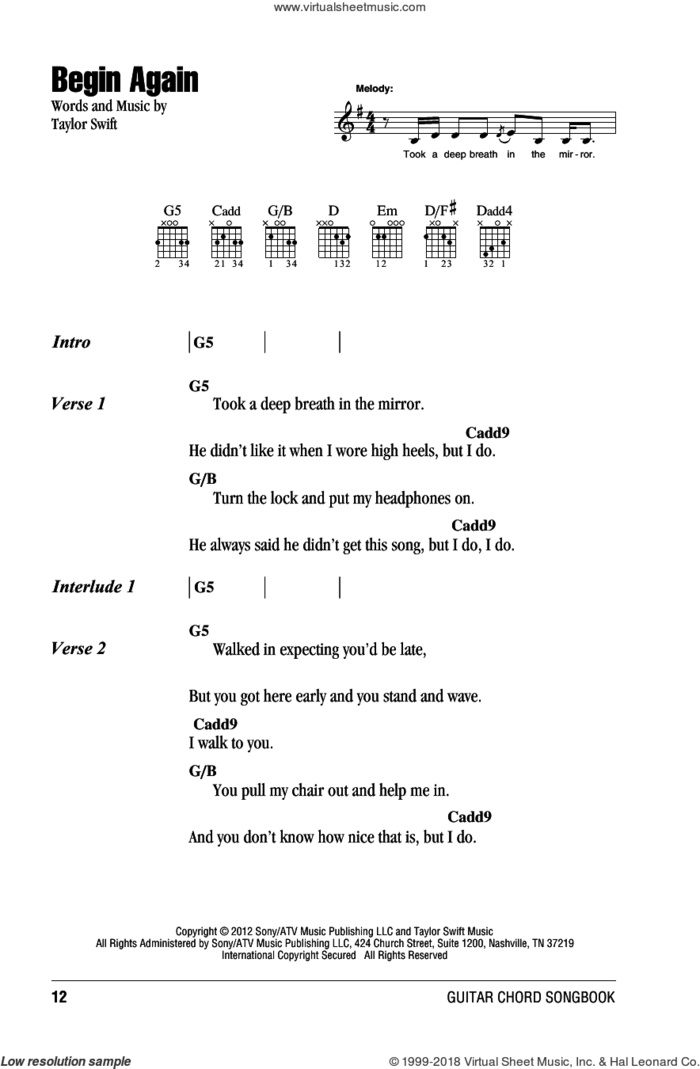 Begin Again sheet music for guitar (chords) by Taylor Swift, intermediate skill level