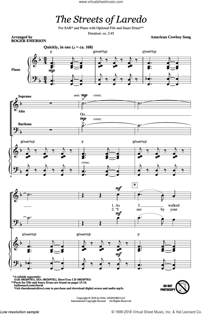 The Streets Of Laredo sheet music for choir (SAB: soprano, alto, bass) by Roger Emerson and Miscellaneous, intermediate skill level
