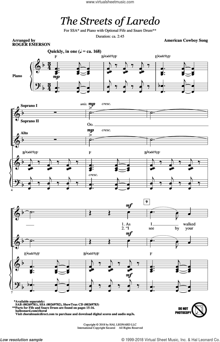 The Streets Of Laredo sheet music for choir (SSA: soprano, alto) by Roger Emerson and Miscellaneous, intermediate skill level