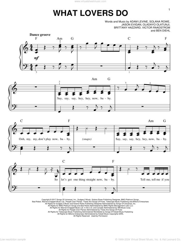 What Lovers Do sheet music for piano solo by Maroon 5, Adam Levine, Benjamin Diehl, Brittany Hazzard, Jason Evigan, Oladayo Olatunji and Solana Rowe, easy skill level