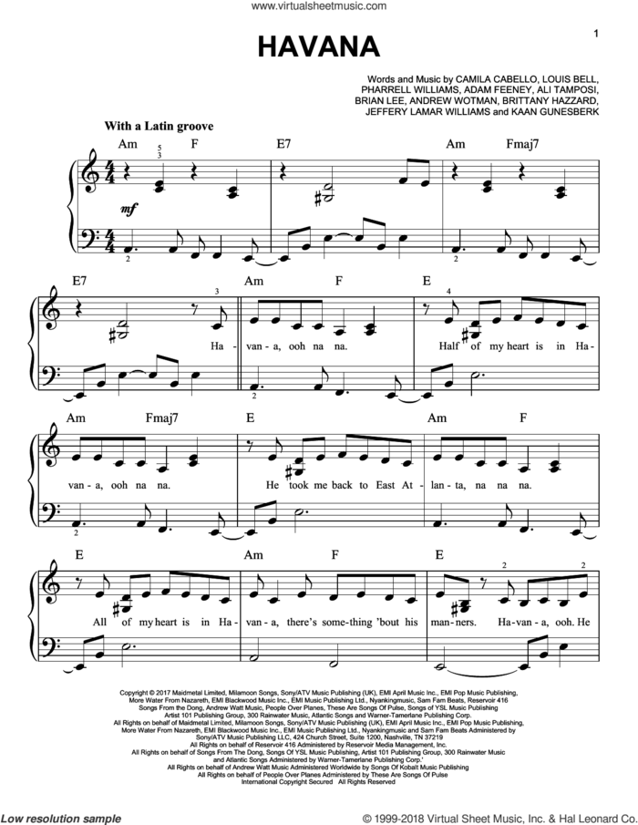 Havana (feat. Young Thug) sheet music for piano solo by Camila Cabello feat. Young Thug, Young Thug, Adam Feeney, Ali Tamposi, Andrew Wotman, Brandon Perry, Brian Lee, Brittany Hazzard, Camila Cabello, Jeffery Lamar Williams, Louis Bell and Pharrell Williams, easy skill level