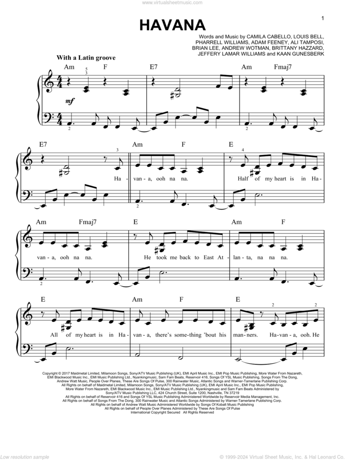 Havana (feat. Young Thug) sheet music for piano solo by Camila Cabello feat. Young Thug, Young Thug, Adam Feeney, Ali Tamposi, Andrew Wotman, Brandon Perry, Brian Lee, Brittany Hazzard, Camila Cabello, Jeffery Lamar Williams, Louis Bell and Pharrell Williams, easy skill level