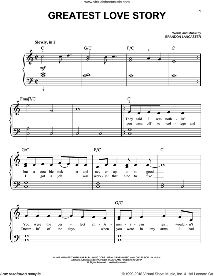 Greatest Love Story sheet music for piano solo by LANco and Brandon Lancaster, easy skill level