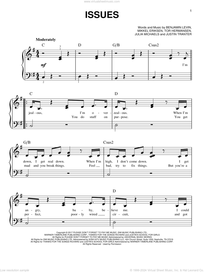 Issues sheet music for piano solo by Julia Michaels, Benjamin Levin, Justin Tranter, Mikkel Eriksen and Tor Erik Hermansen, easy skill level