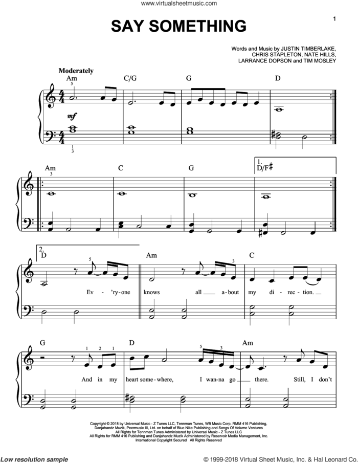 Say Something (feat. Chris Stapleton) sheet music for piano solo by Justin Timberlake, Justin Timberlake feat. Chris Stapleton, Chris Stapleton, Larrance Dopson, Nate Hills and Tim Mosley, easy skill level