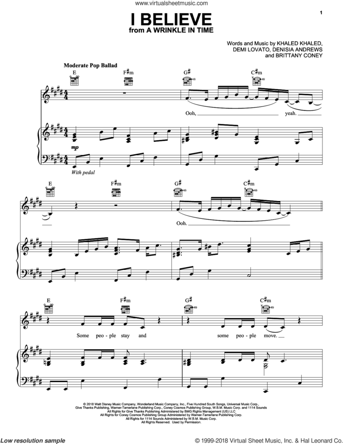 I Believe sheet music for voice, piano or guitar by DJ Khaled and Demi Lovato, Brittany Coney, Demi Lovato, Denisia Andrews and Khaled Khaled, intermediate skill level