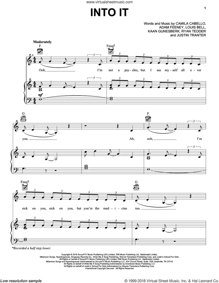 Into It sheet music for voice, piano or guitar by Camila Cabello, Adam Feeney, Justin Tranter, Kaan Gunesberk, Louis Bell and Ryan Tedder, intermediate skill level