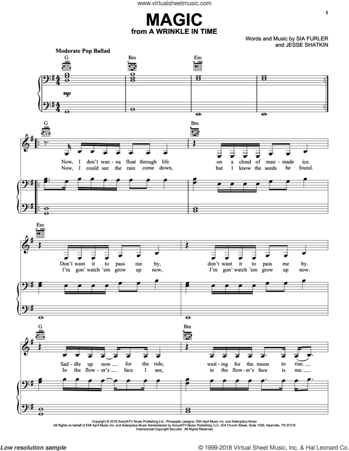 Magic (from A Wrinkle In Time) sheet music for voice, piano or guitar by Sia, Jesse Shatkin and Sia Furler, intermediate skill level
