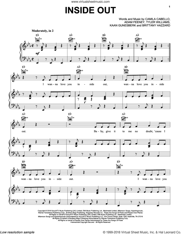 Inside Out sheet music for voice, piano or guitar by Camila Cabello, Adam Feeney, Brittany Hazzard, Kaan Gunesberk and Tyler Williams, intermediate skill level