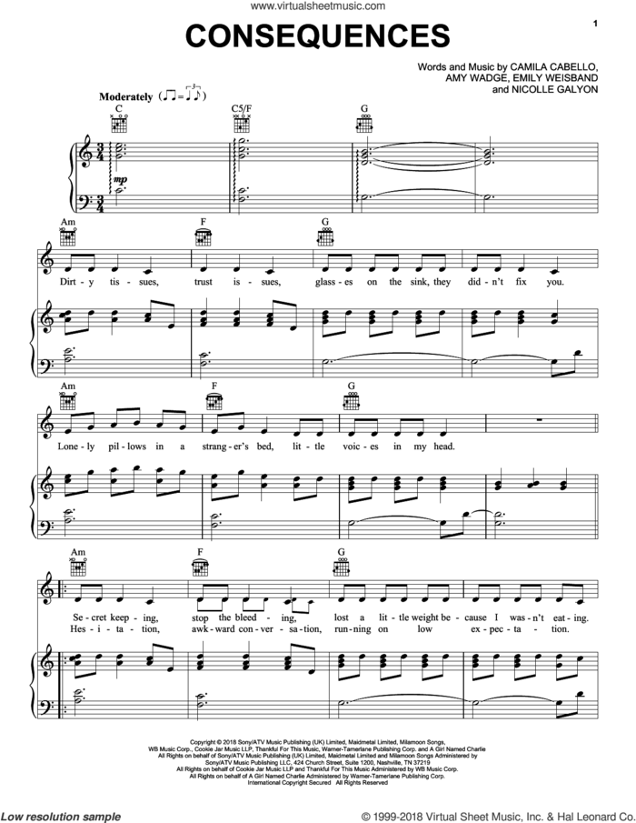 Consequences sheet music for voice, piano or guitar by Camila Cabello, Amy Wadge, Emily Weisband and Nicolle Galyon, intermediate skill level