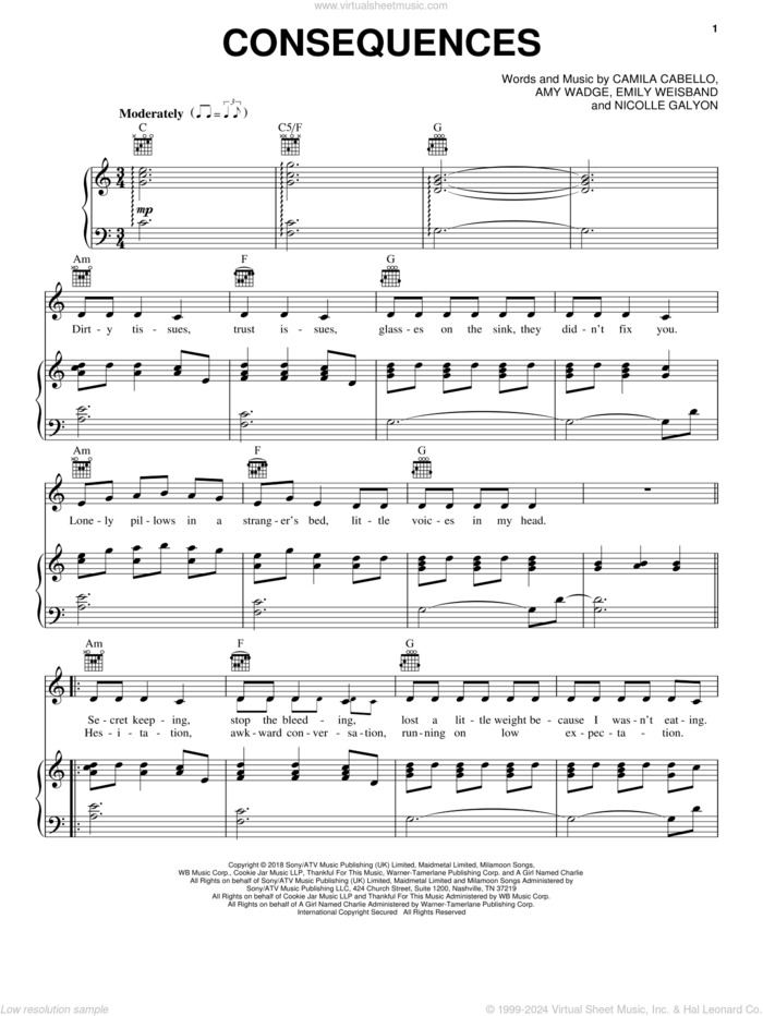 Consequences sheet music for voice, piano or guitar by Camila Cabello, Amy Wadge, Emily Weisband and Nicolle Galyon, intermediate skill level