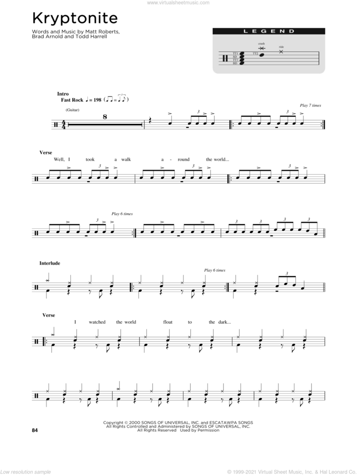Kryptonite sheet music for drums (percussions) by 3 Doors Down, Brad Arnold, Matt Roberts and Todd Harrell, intermediate skill level