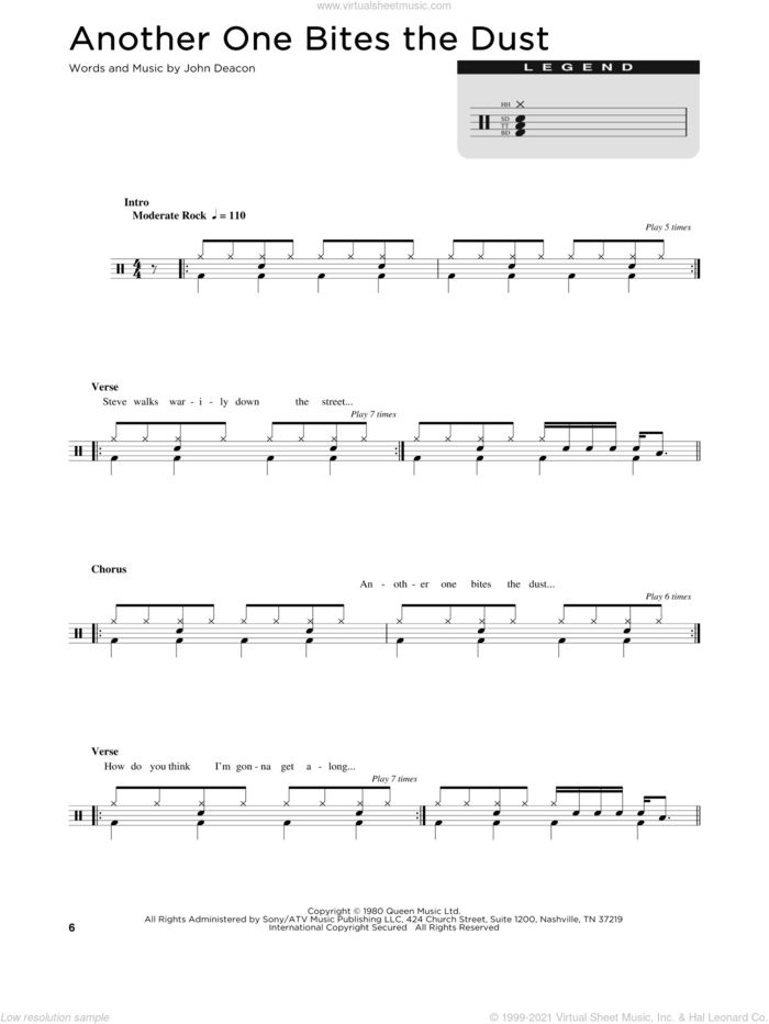 Another One Bites The Dust sheet music for drums (percussions) by Queen and John Deacon, intermediate skill level