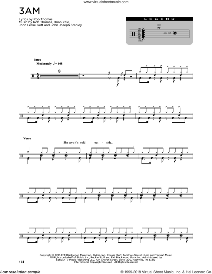 3 AM sheet music for drums (percussions) by Matchbox Twenty, Matchbox 20, Brian Yale, Jay Stanley, John Goff and Rob Thomas, intermediate skill level