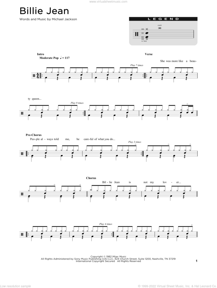 Billie Jean sheet music for drums (percussions) by Michael Jackson and David Cook, intermediate skill level
