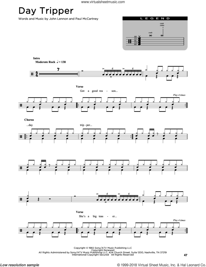 Day Tripper sheet music for drums (percussions) by The Beatles, John Lennon and Paul McCartney, intermediate skill level