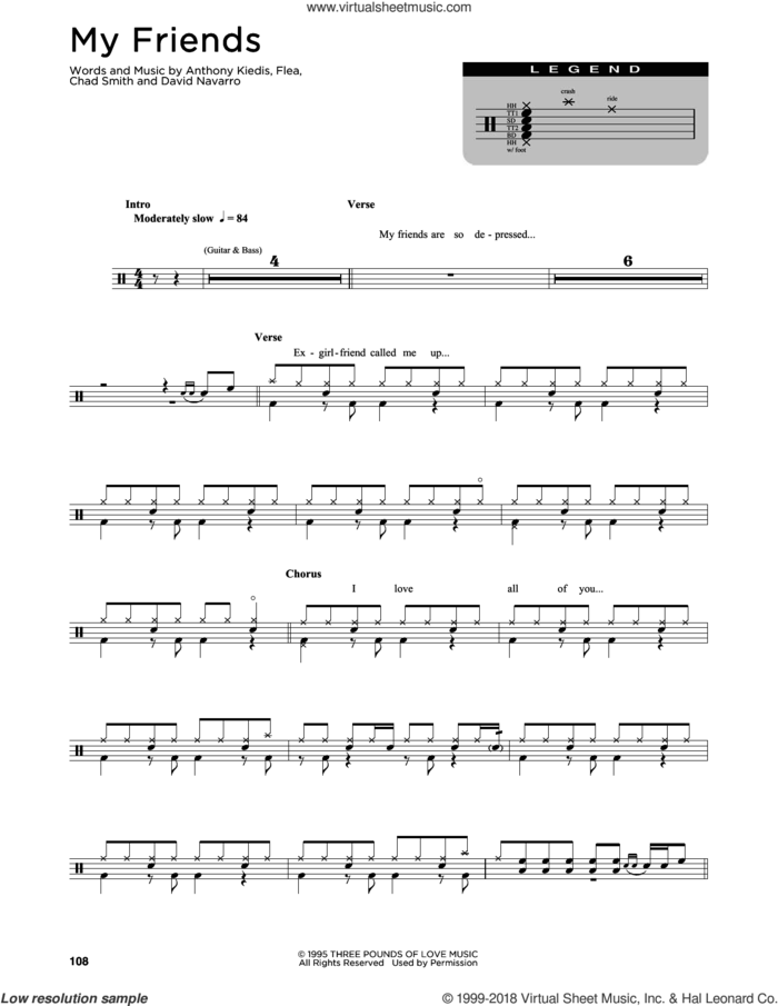 My Friends sheet music for drums (percussions) by Red Hot Chili Peppers, Anthony Kiedis, Chad Smith, David Navarro and Flea, intermediate skill level