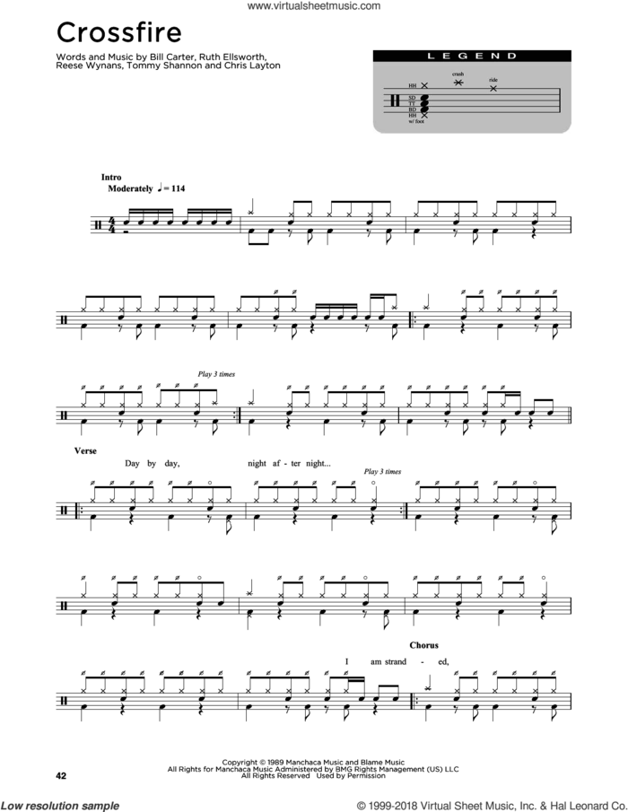 Crossfire sheet music for drums (percussions) by Stevie Ray Vaughan, Bill Carter, Chris Layton, Reese Wynans, Ruth Ellsworth and Tommy Shannon, intermediate skill level