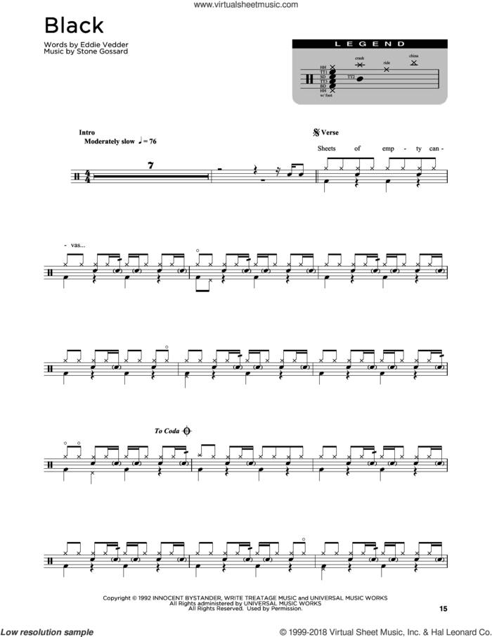 Black sheet music for drums (percussions) by Pearl Jam, Eddie Vedder and Stone Gossard, intermediate skill level